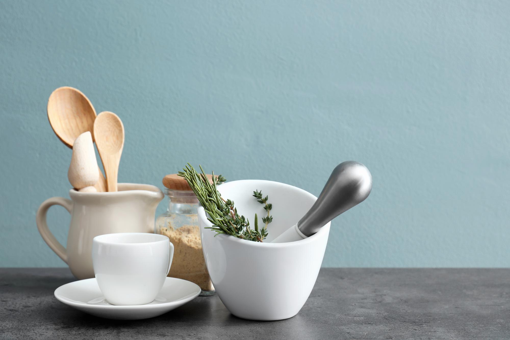 Open kitchen counter with bowls of fresh ingredients