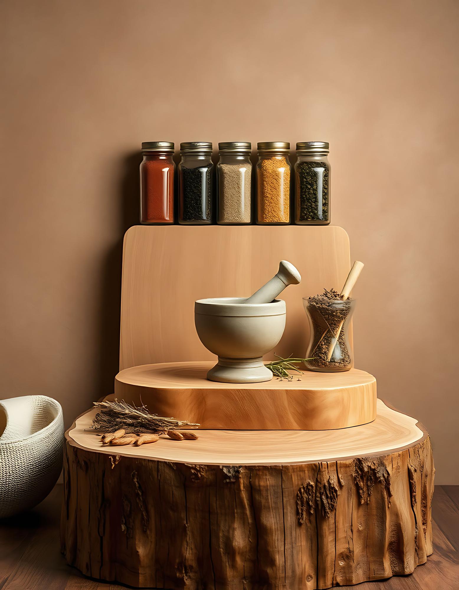 Wooden table with jars of spices and sauces