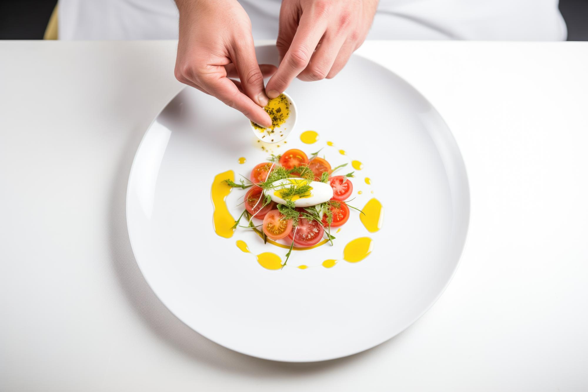 Chef plating a colorful dish on a modern plate